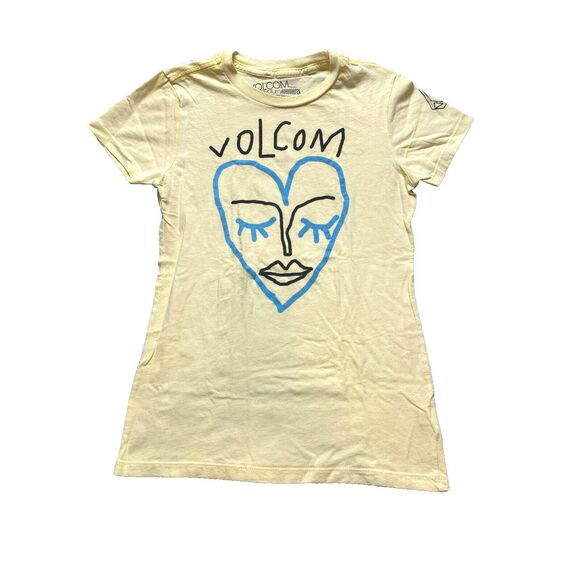 VOLCOM Shirt Youth‎ Medium Yellow Face Heart Artwork Artsy Streetwear Girls - Picture 1 of 9